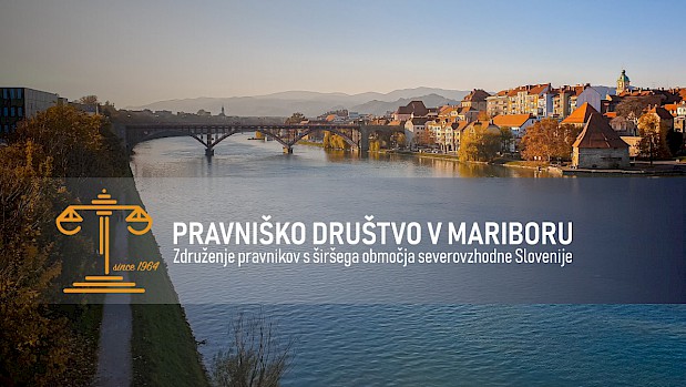 Fotografija reke Drave in mesta Maribor z logotipom Pravniškega društva Maribor