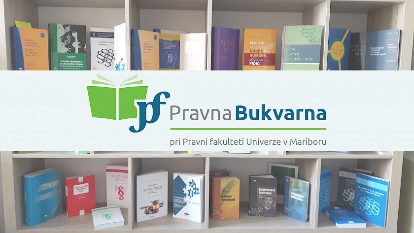 Fotografija knjig v Pravni bukvarni z logotipom Pravne bukvarne