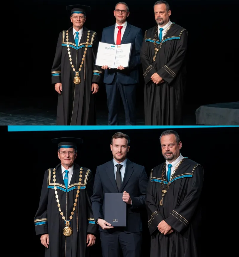 Na slavnostni promociji doktorjev znanosti sta bila promovirana tudi dva doktorja znanosti s Pravne fakultete Univerze v Mariboru in sicer dr. Jure Jakšić in dr. Kristjan Zahrastnik.